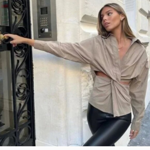 Zara Taupe Brown Cut Out Shirt - Picture 6 of 7